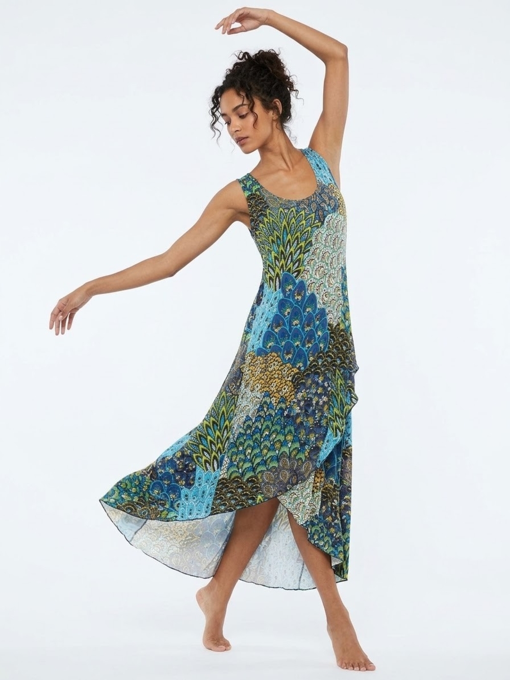 Dream Dance Blue Multi Peacock Dress Size L EUC P2P 21.5in